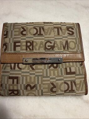Salvatore Ferragamo Beige and Brown Logo Canvas Wallet with Leather Trim